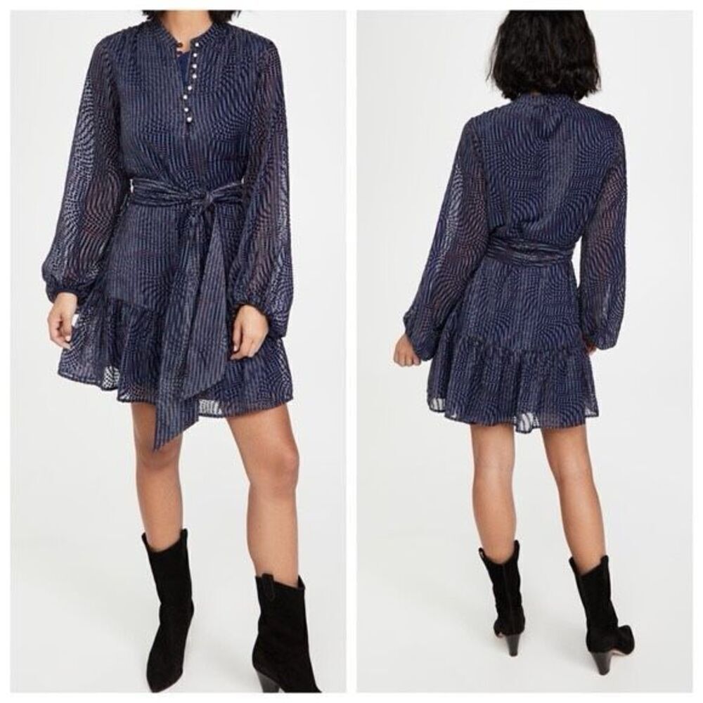 Tanya Taylor Ellette Purple Chiffon w/Velvet Polka Dots Dress Size S